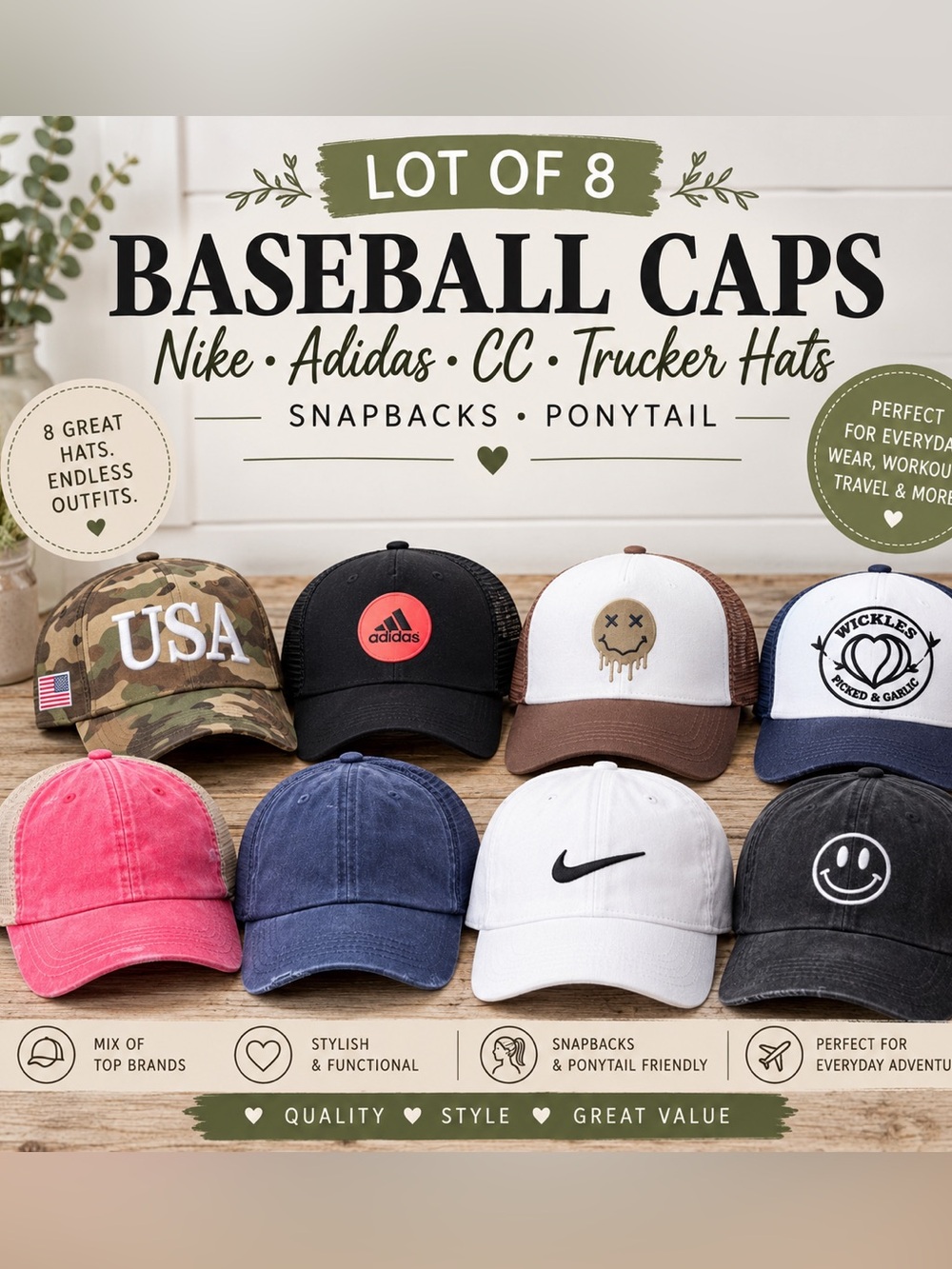 Lot of 8 Baseball Caps – Nike, Adidas, CC, Trucker Hats, Snapbacks, Ponytail